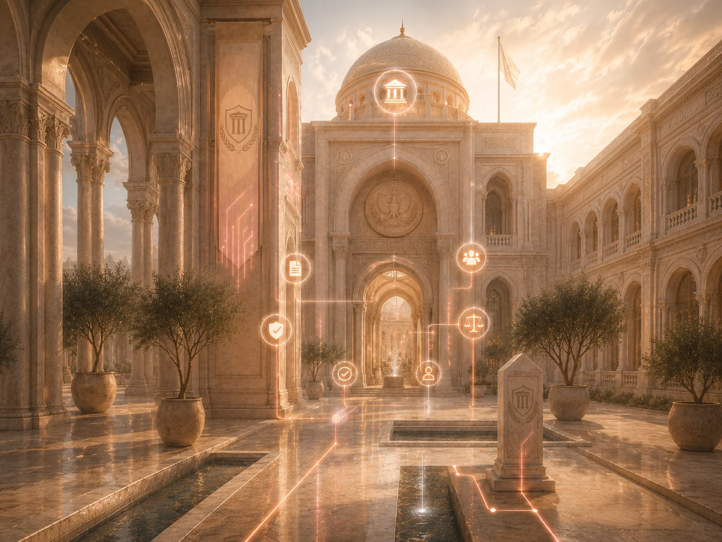 Industrial architectural scene for Government AI consulting and workflow automation.