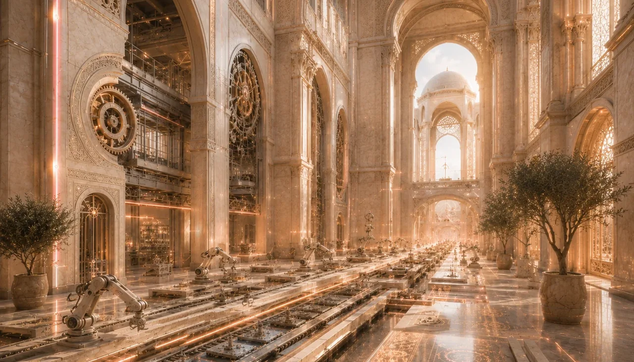 Grand industrial hall with luminous conveyor lines and machinery under arched marble architecture.